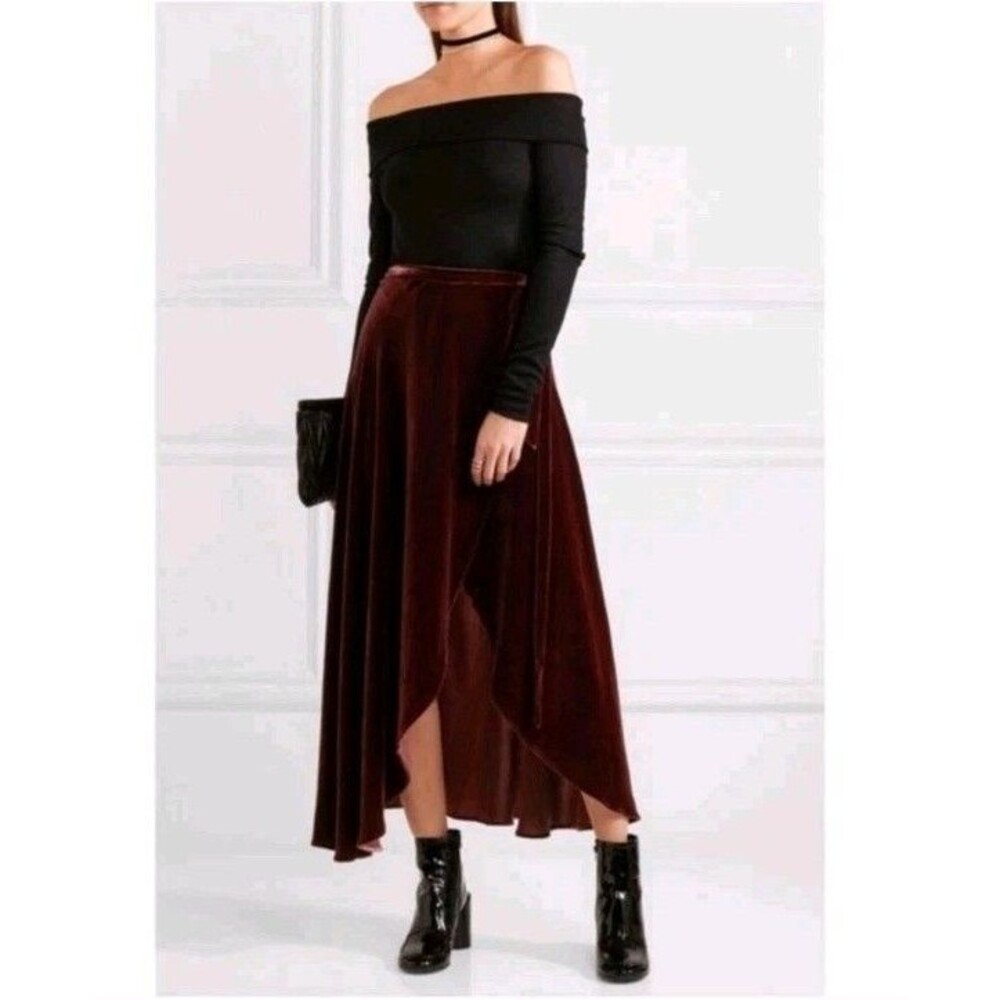Reformation Burgundy Asymmetrical Velvet Wrap Skirt Sz Large